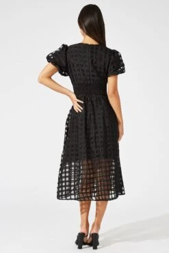 Black Midi Dress Puff Sleeve V-Neck -Midi Dresses Style dd2943 34pb black 5