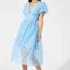 Blue Midi Dress Puff Sleeve V-Neck