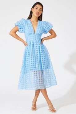 Blue Midi Dress Puff Sleeve V-Neck -Midi Dresses Style dd2943 34pb blue 3