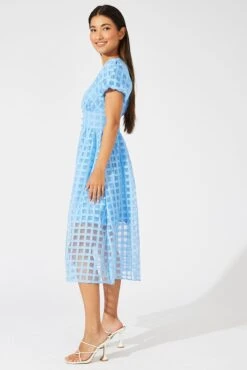Blue Midi Dress Puff Sleeve V-Neck -Midi Dresses Style dd2943 34pb blue 4
