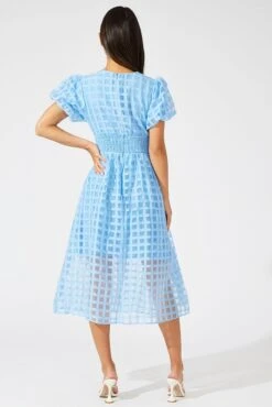 Blue Midi Dress Puff Sleeve V-Neck -Midi Dresses Style dd2943 34pb blue 5