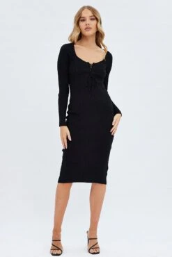 Black Knit Dress Long Sleeve Midi -Midi Dresses Style dd2992 40p black 3