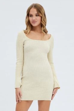 Nude Knit Dress Long Sleeve Scoop Neck Mini 10 Nude Knit Dress Long Sleeve Scoop Neck Mini -Midi Dresses Style dd3009 40pb sand 3