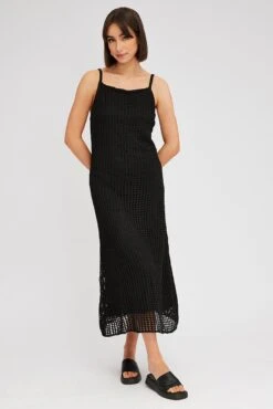 Black Knit Dress Sleeveless Maxi Crochet 10 Black Knit Dress Sleeveless Maxi Crochet -Midi Dresses Style dd3044 41pb black 3