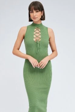 Green Knit Dress High Neck Sleeveless Midi -Midi Dresses Style dd3103 40pb khaki 2