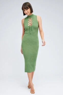 Green Knit Dress High Neck Sleeveless Midi -Midi Dresses Style dd3103 40pb khaki 3