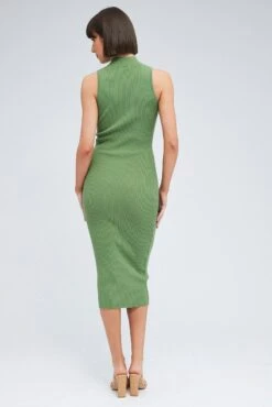 Green Knit Dress High Neck Sleeveless Midi -Midi Dresses Style dd3103 40pb khaki 5