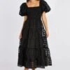 Black Midi Dress Shirred Bust Puff Sleeve -Midi Dresses Style dd3149 34pb black 1