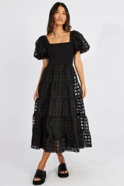 Black Midi Dress Shirred Bust Puff Sleeve