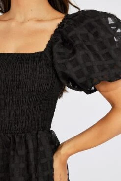 Black Midi Dress Shirred Bust Puff Sleeve -Midi Dresses Style dd3149 34pb black 6