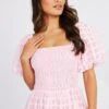 Pink Midi Dress Shirred Bust Puff Sleeve