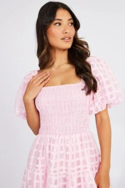 Pink Midi Dress Shirred Bust Puff Sleeve