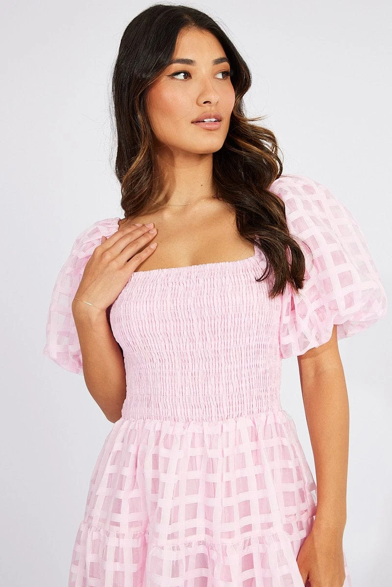Pink Midi Dress Shirred Bust Puff Sleeve