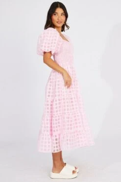 Pink Midi Dress Shirred Bust Puff Sleeve -Midi Dresses Style dd3149 34pb blush 4