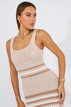 White Stripe Knit Dress Sleeveless Midi