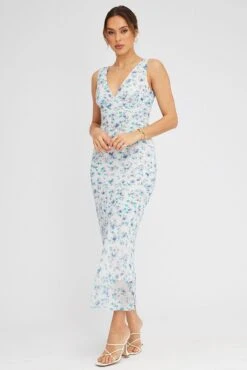 Blue Floral Midi Dress Bias Cutting