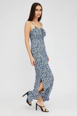 Black Ditsy Midi Dress Gathering Bust Sleeveless