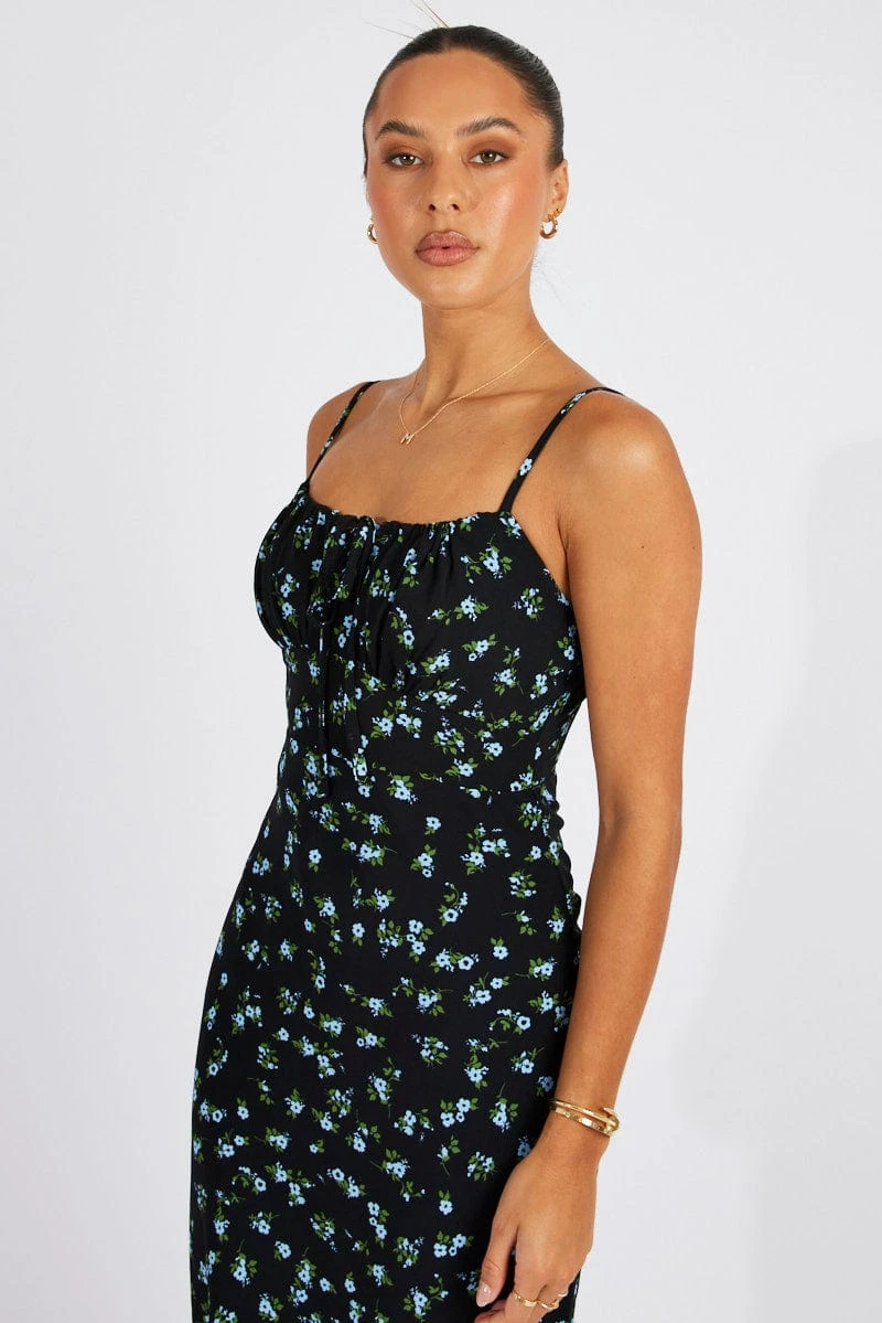 Black Floral Midi Dress Gathering Bust Sleeveless 5 Black Floral Midi Dress Gathering Bust Sleeveless - Image 3