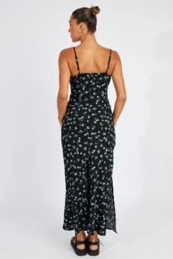 Black Floral Midi Dress Gathering Bust Sleeveless 12 Black Floral Midi Dress Gathering Bust Sleeveless -Midi Dresses Style dd3505e 33p floral 5