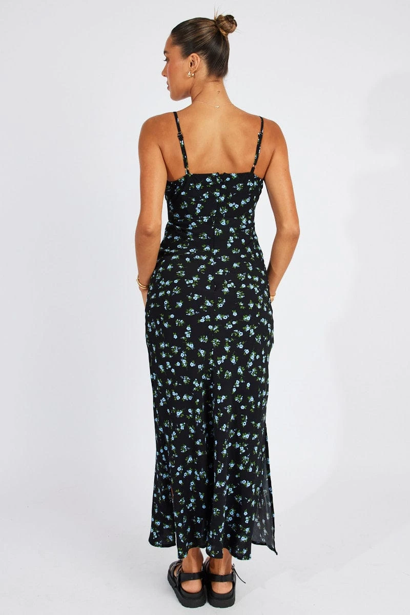 Black Floral Midi Dress Gathering Bust Sleeveless 7 Black Floral Midi Dress Gathering Bust Sleeveless - Image 5