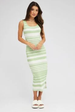 Green Stripe Knit Dress Square Neck Sleeveless Midi -Midi Dresses Style dd3542 12p stripe 3