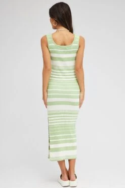 Green Stripe Knit Dress Square Neck Sleeveless Midi -Midi Dresses Style dd3542 12p stripe 5