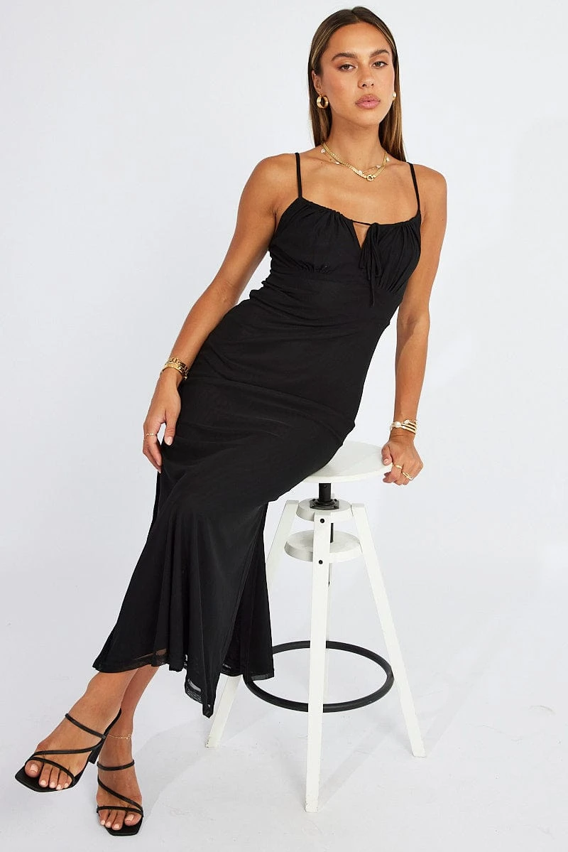 Black Midi Dress Gathered Bust Strappy Mesh 3 Black Midi Dress Gathered Bust Strappy Mesh