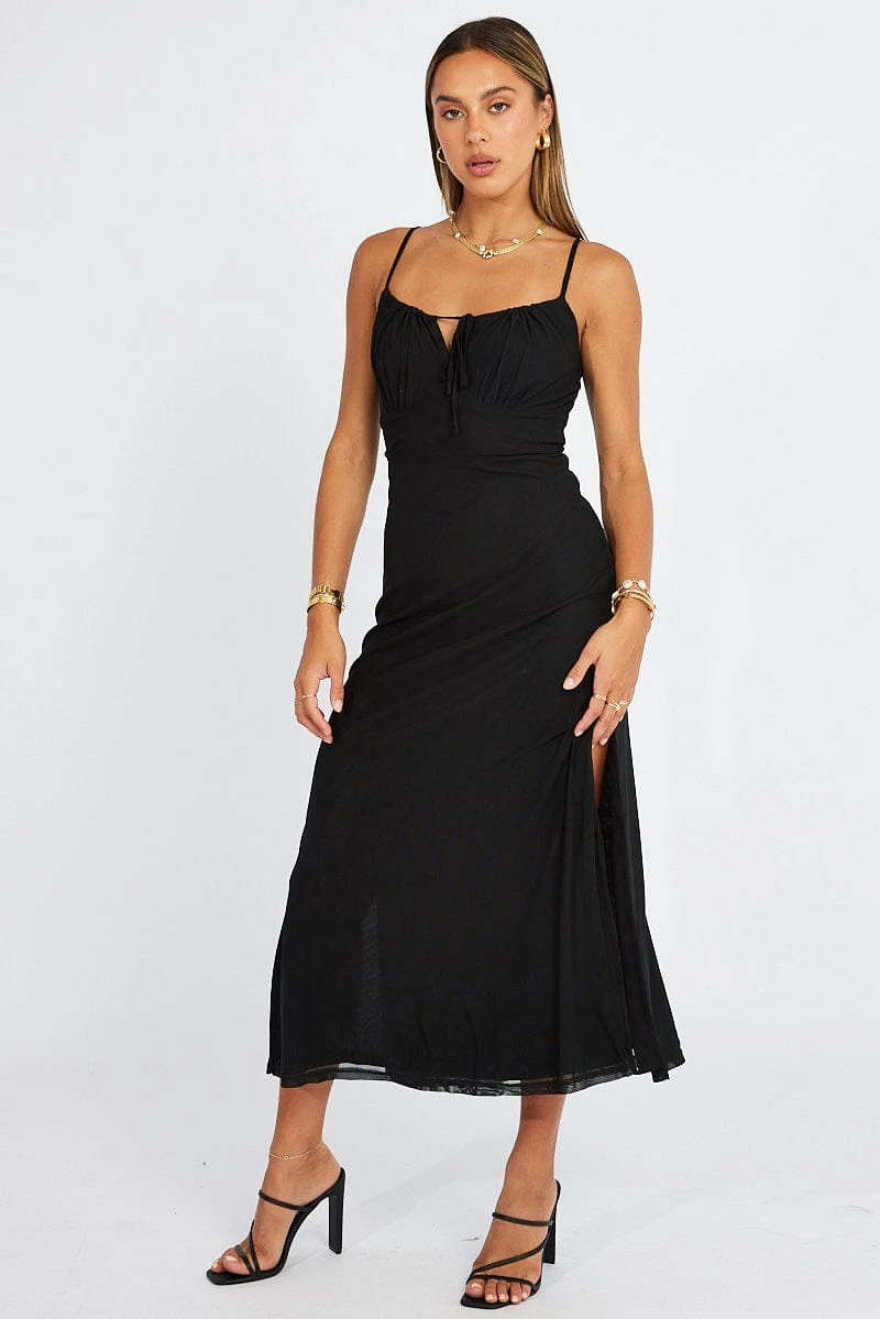 Black Midi Dress Gathered Bust Strappy Mesh 4 Black Midi Dress Gathered Bust Strappy Mesh - Image 2