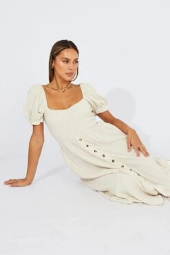 Beige Midi Dress Puff Sleeve Linen Blend