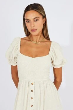 Beige Midi Dress Puff Sleeve Linen Blend -Midi Dresses Style dd9177a 81p oatmeal 3