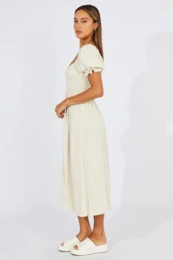 Beige Midi Dress Puff Sleeve Linen Blend -Midi Dresses Style dd9177a 81p oatmeal 4