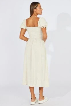 Beige Midi Dress Puff Sleeve Linen Blend -Midi Dresses Style dd9177a 81p oatmeal 5