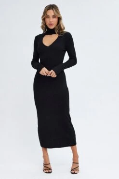 Black Knit Dress Long Sleeve High Neck Cut Out -Midi Dresses Style ddc1570 40rb black 3