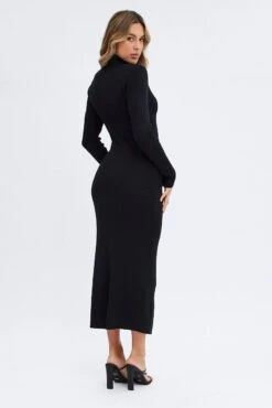 Black Knit Dress Long Sleeve High Neck Cut Out -Midi Dresses Style ddc1570 40rb black 5
