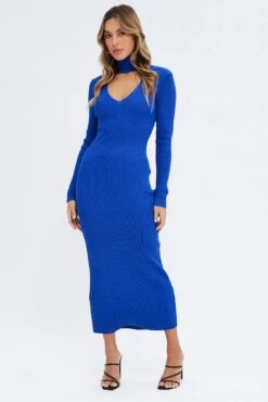 Blue Knit Dress Long Sleeve High Neck Cut Out -Midi Dresses Style ddc1570 40rb cobalt 3