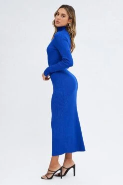 Blue Knit Dress Long Sleeve High Neck Cut Out -Midi Dresses Style ddc1570 40rb cobalt 4
