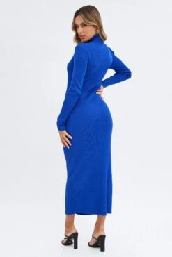 Blue Knit Dress Long Sleeve High Neck Cut Out -Midi Dresses Style ddc1570 40rb cobalt 5
