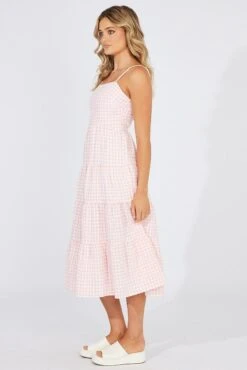 Pink Check Midi Dress Sleeveless Tie Back -Midi Dresses Style ddc17088t 81rb check 4