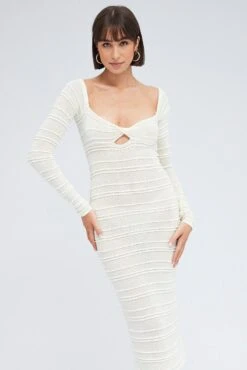 White Knit Dress Long Sleeve Sweetheart Twist Crochet -Midi Dresses Style ddc5366 40cb cream 2