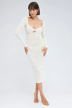 White Knit Dress Long Sleeve Sweetheart Twist Crochet -Midi Dresses Style ddc5366 40cb cream 3