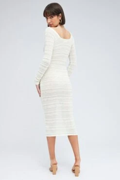 White Knit Dress Long Sleeve Sweetheart Twist Crochet -Midi Dresses Style ddc5366 40cb cream 5