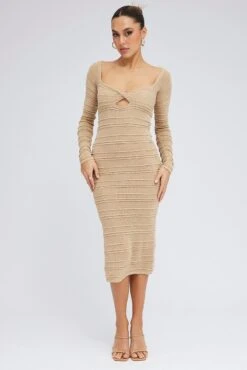 Beige Knit Dress Long Sleeve Sweetheart Twist Crochet 10 Beige Knit Dress Long Sleeve Sweetheart Twist Crochet -Midi Dresses Style ddc5366 40cb natural 3