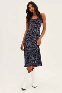 Black Ditsy Midi Dress Sleeveless Ruched Bust -Midi Dresses Style ddc6129w 81rb ditsy 3