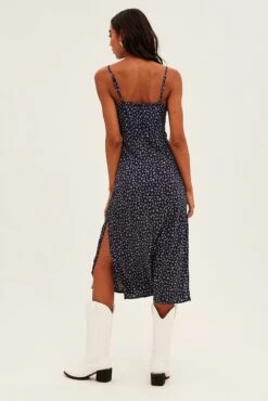 Black Ditsy Midi Dress Sleeveless Ruched Bust -Midi Dresses Style ddc6129w 81rb ditsy 5