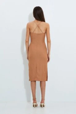 Beige Designer Linen Look Racer Neck Midi Dress -Midi Dresses Style designer dress camel designer linen look racer neck midi dress 32965589401793