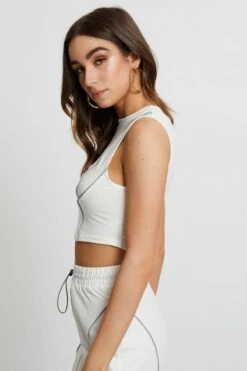 White Reflective Piping Crop Top -Midi Dresses Style designer jersey top white reflective piping crop top 32887708451009