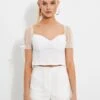 White Dobby Mesh Ruffle Puff Sleeve Bustier Crop Top -Midi Dresses Style designer woven top white dobby mesh ruffle puff sleeve bustier crop top 32965591204033