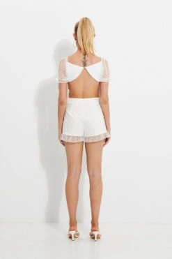 White Dobby Mesh Ruffle Puff Sleeve Bustier Crop Top -Midi Dresses Style designer woven top white dobby mesh ruffle puff sleeve bustier crop top 32965591335105