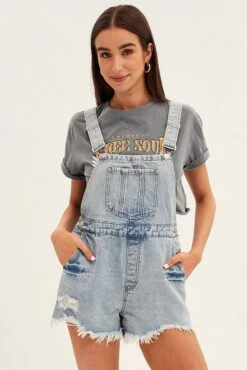 Denim Distressed Denim Short Overalls 10 Denim Distressed Denim Short Overalls -Midi Dresses Style ds1424 20rb light wash 3