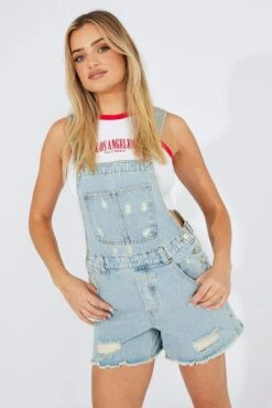 Denim Short Overalls Ripped -Midi Dresses Style ds1720 84r light wash 3